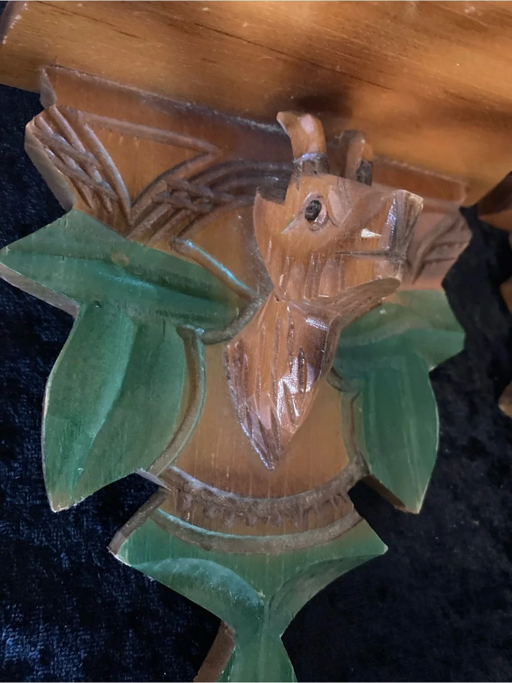 Hand-Carved Wooden Goat Head Wall Shelves Vintage in Brown and Green